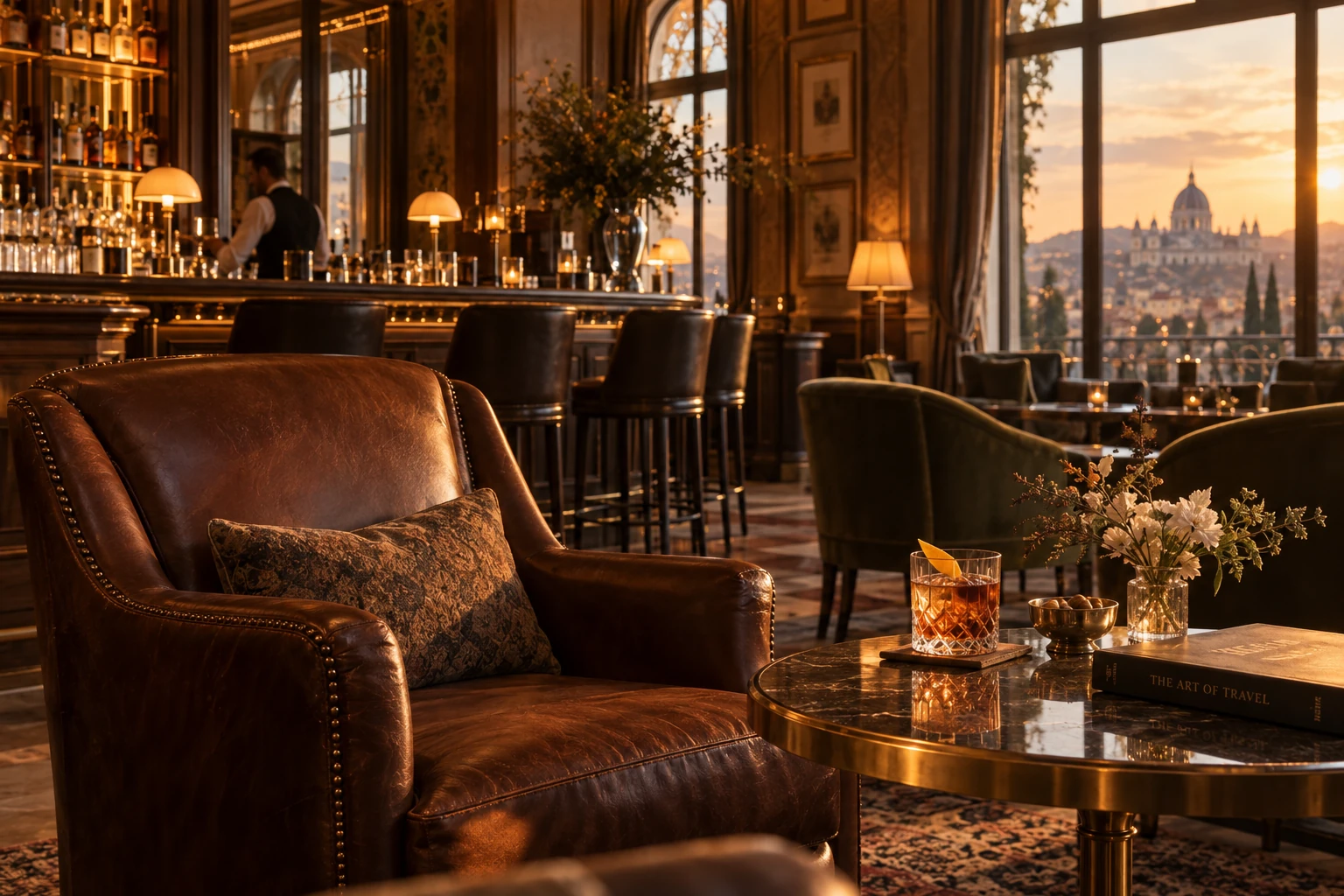 An elegant old-world hotel bar at golden hour