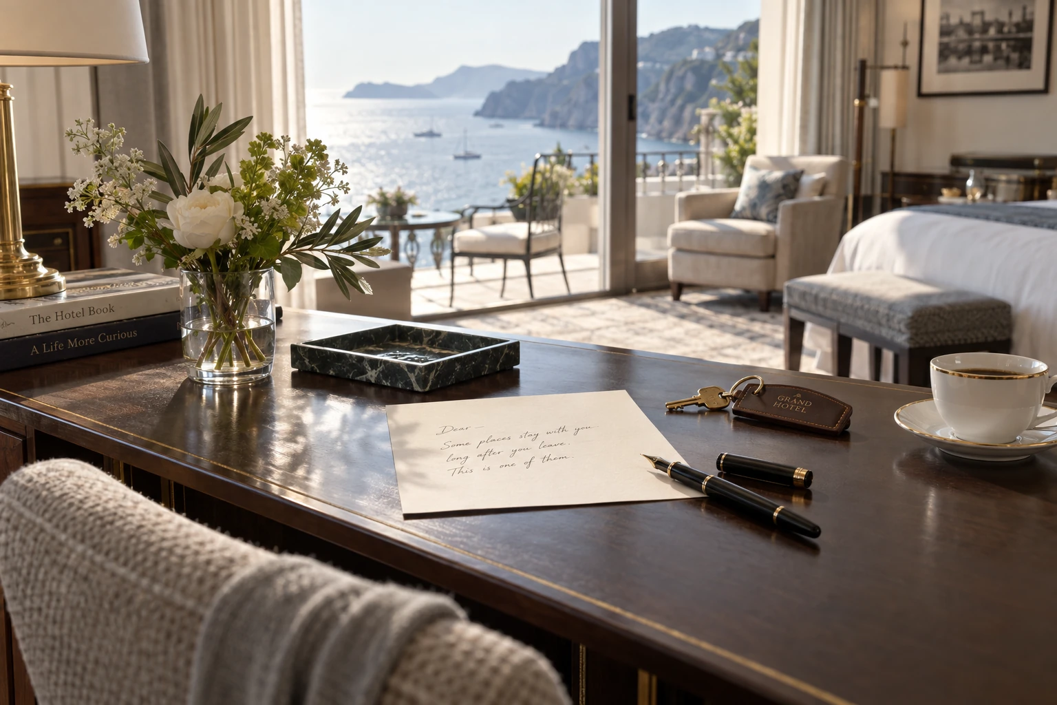 A hotel suite writing desk in soft morning light
