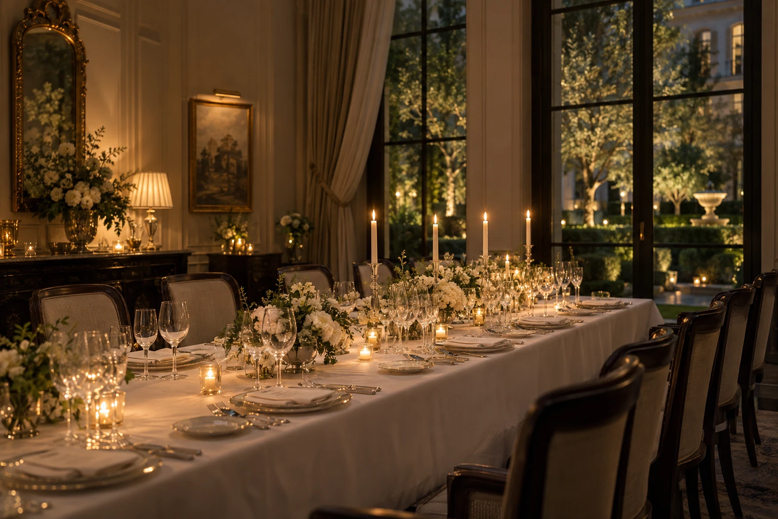 A private candlelit dining room with a long table