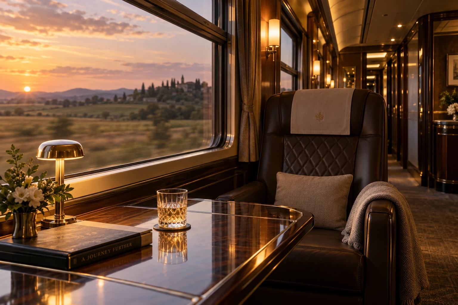 A first-class private train carriage at dusk